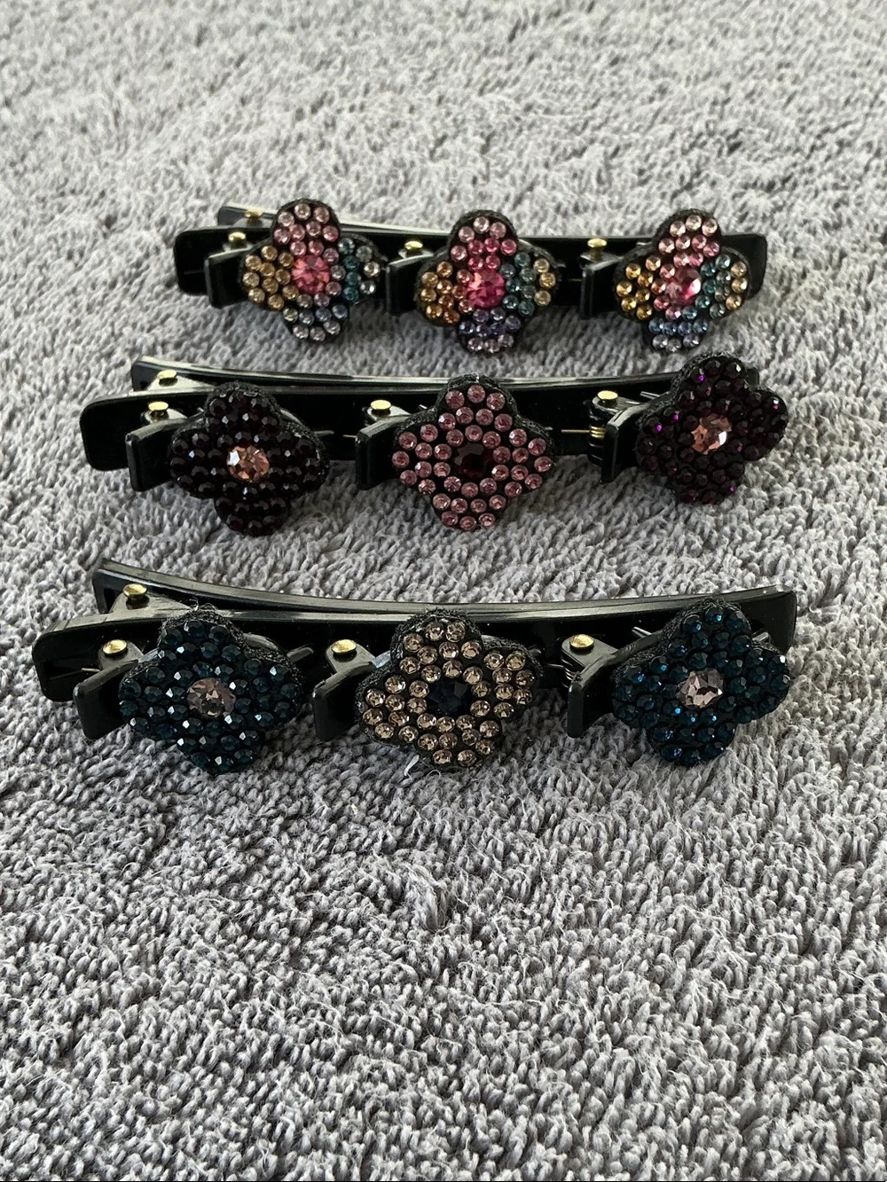 Rhinestone Flower Barrette Set - Black Base with Multicolor Crystals